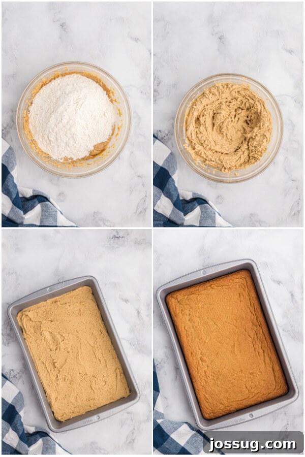 The baking process of these easy peanut butter cookie bars, showing the dough in a 13x9 inch pan, beginning to turn a beautiful golden brown as it bakes in the oven.