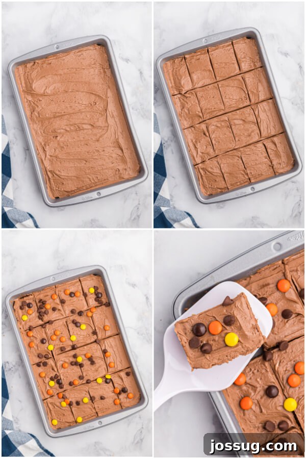 A close-up of beautifully frosted peanut butter cookie bars, generously adorned with a vibrant mix of colorful candies and chocolate chips, making them visually appealing.