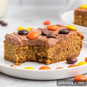 Closeup of a frosted peanut butter cookie bar on a white plate, highlighting its chewy texture and delicious toppings, ready to be enjoyed.