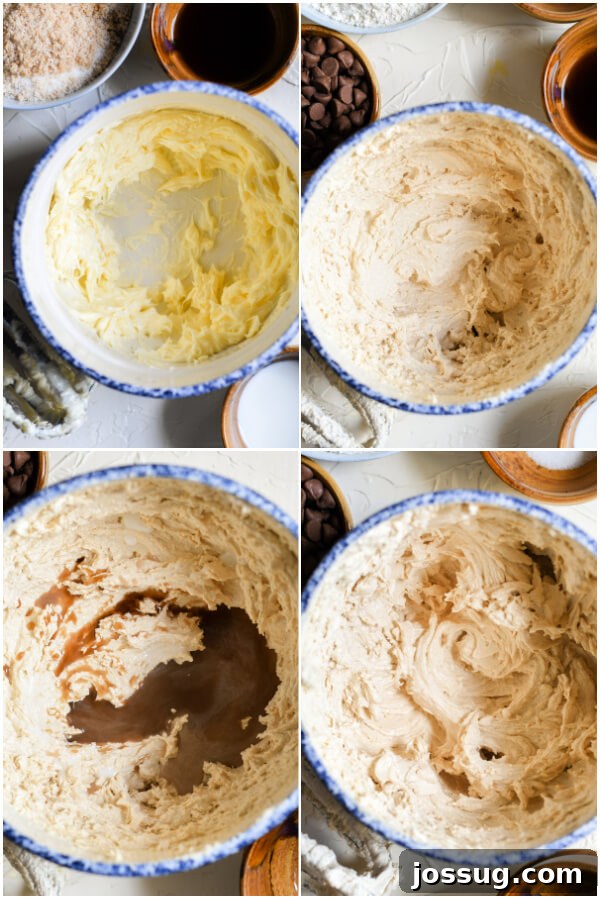 Mixing the butter and sugars, forming the edible cookie dough batter