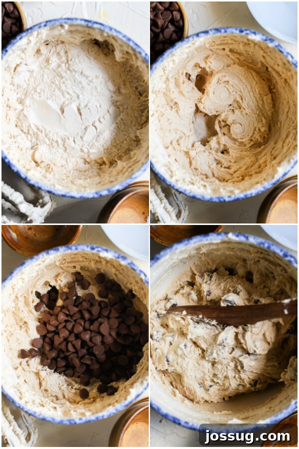 Adding toasted flour and chocolate chips to the edible cookie dough batter
