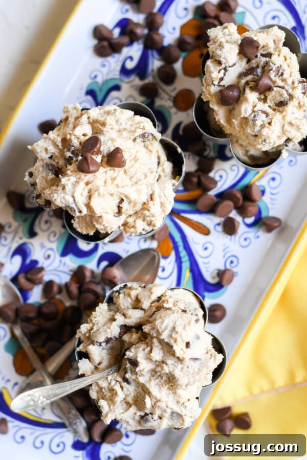 Looking down into metal bowls filled with delicious edible cookie dough