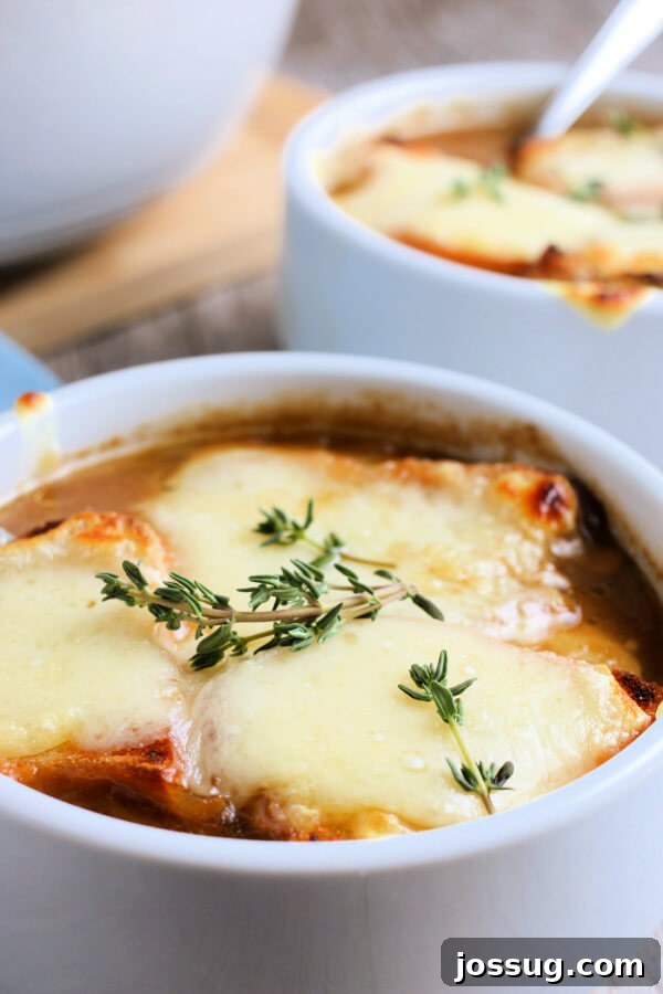 Golden Gratin French Onion Soup 2 Closeup of a steaming bowl of homemade French Onion Soup, topped with golden-brown Gruyère cheese and a toasted bread crouton.