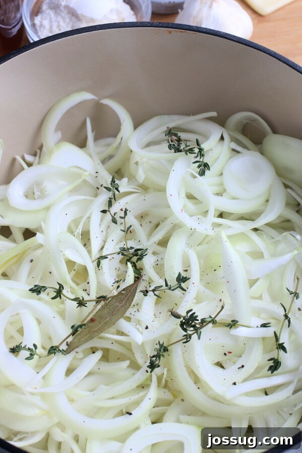 Golden Gratin French Onion Soup 4 Sliced yellow onions gently cooking down in a large pot on a stovetop, starting their caramelization process.