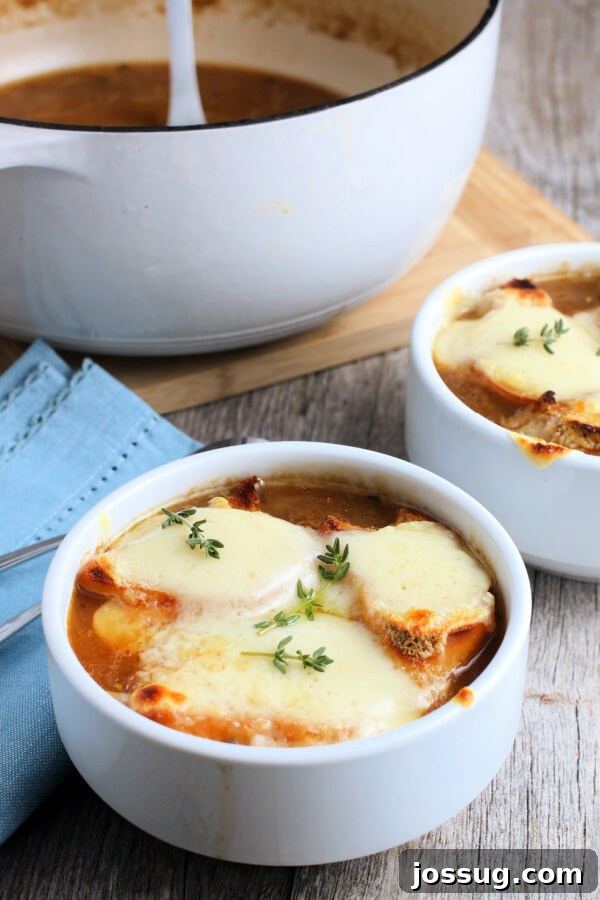 Golden Gratin French Onion Soup 9 Two beautiful bowls of finished French Onion Soup, each topped with a golden-brown cheesy crouton, with the soup pot blurred in the background.