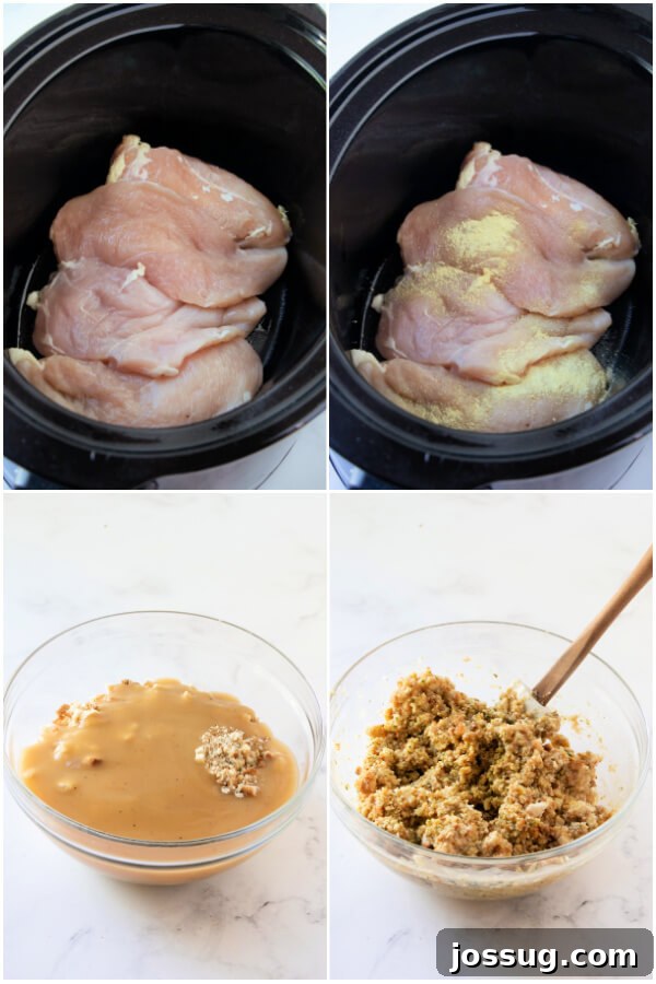One-Pot Slow Cooker Chicken Stuffing Green Bean Dinner 4 Prepping boneless chicken breasts in a slow cooker, ready to be combined with the savory stuffing mixture