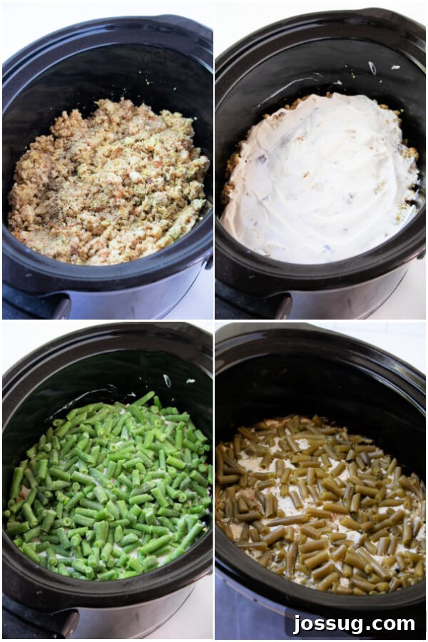 One-Pot Slow Cooker Chicken Stuffing Green Bean Dinner 5 Combining savory stuffing and frozen green beans, preparing the delicious layers for the slow cooker casserole