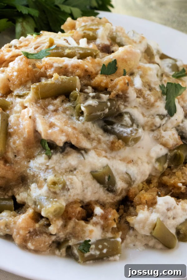 One-Pot Slow Cooker Chicken Stuffing Green Bean Dinner 6 Close-up view of the golden-brown chicken stuffing green bean casserole, showcasing its delightful textures on a white plate