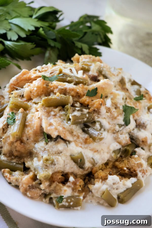 One-Pot Slow Cooker Chicken Stuffing Green Bean Dinner 7 Another perspective of the comforting slow cooker chicken stuffing green bean casserole, ideal for family dinners