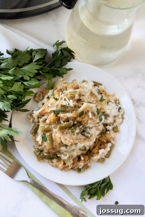 One-Pot Slow Cooker Chicken Stuffing Green Bean Dinner 8 Overhead shot of the complete slow cooker chicken stuffing green bean casserole dish on a white plate, garnished and ready to serve