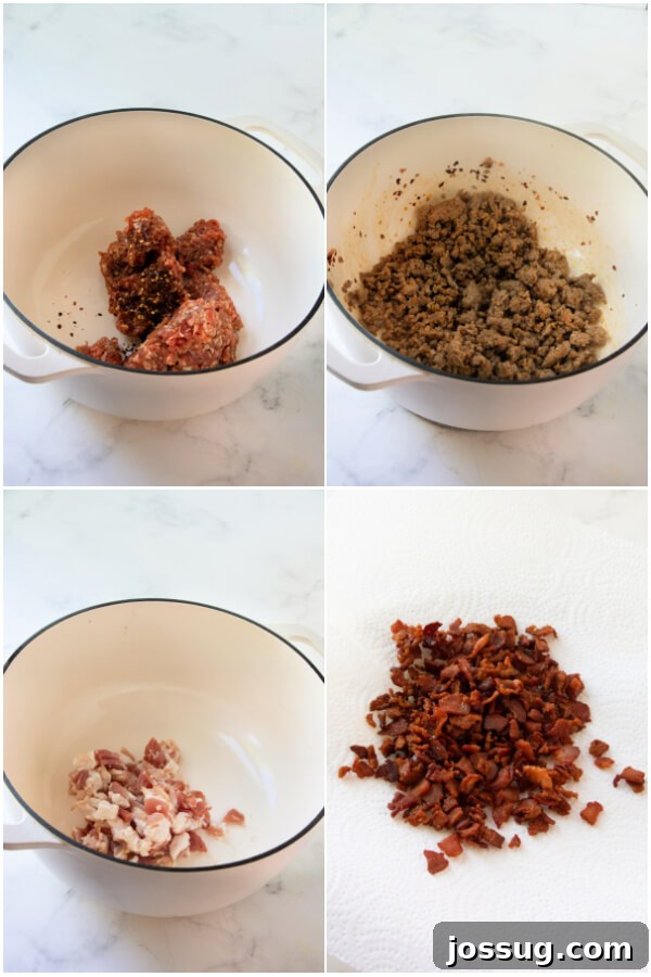 Spicy Italian sausage and diced bacon browning in a large Dutch oven, creating a flavorful base for the soup.