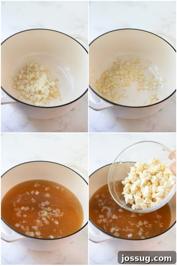 Onions and garlic sautéing in a pot, followed by the addition of chicken broth and cauliflower florets beginning to simmer.