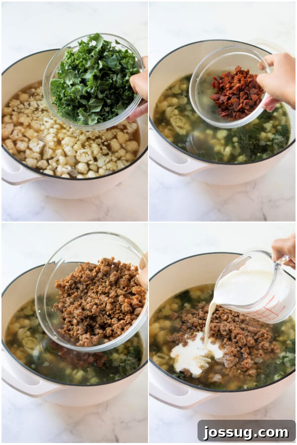 The finished Zuppa Toscana soup, with fresh kale, cooked sausage, bacon, and cream beautifully combined and heated through.