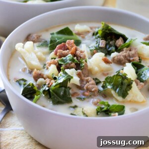 Closeup of low carb Zuppa Toscana in a bowl, perfect for a keto diet.