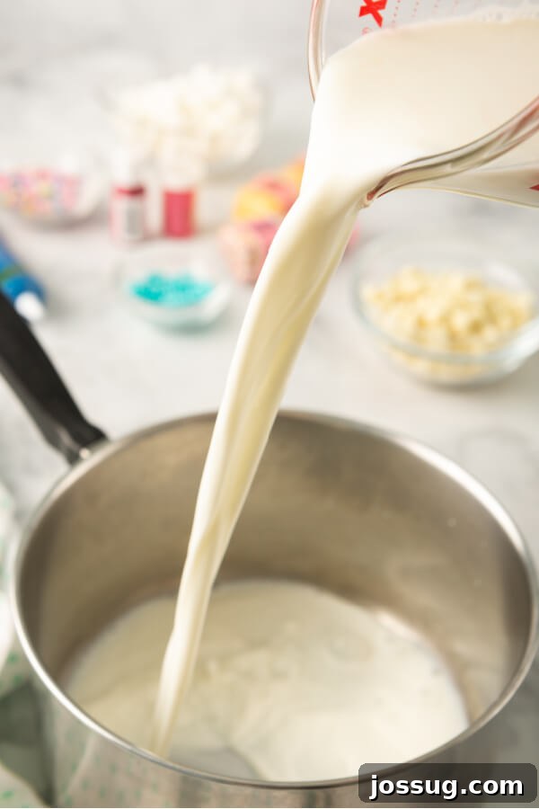 Rainbow Dream Cocoa 4 Pouring fresh milk into a gleaming saucepan on the stovetop, ready to begin making the unicorn hot chocolate base.