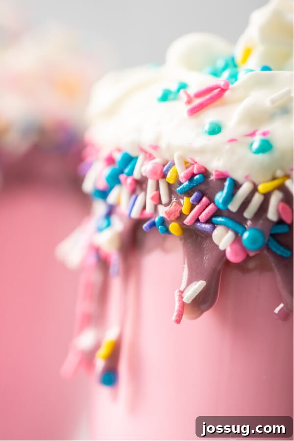 Rainbow Dream Cocoa 8 A close-up shot of a single glass mug of Unicorn Hot Chocolate, highlighting the rich pink liquid, the fluffy whipped cream, and the intricate details of the colorful sprinkles and marshmallows.