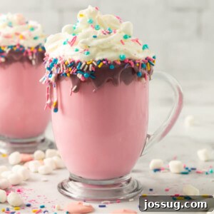 A captivating close-up of Unicorn Hot Chocolate, revealing its dreamy pink hue, luscious whipped cream, and delicate, shimmering sprinkles.