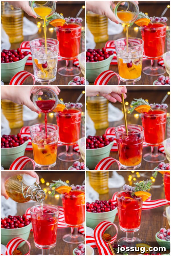 Steps to make Christmas mocktail: filling glass with ice, adding juices, topping with ginger ale