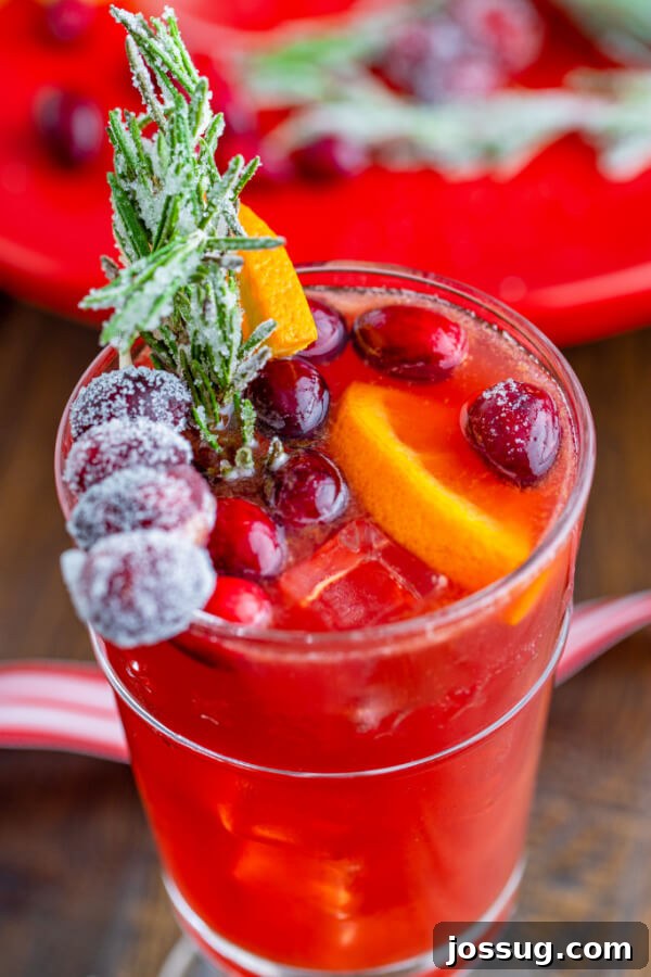 Close-up view looking down into a finished Christmas mocktail with ice and cranberries