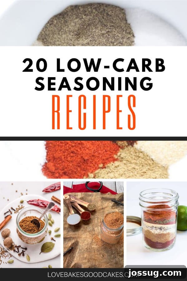An assortment of vibrant homemade low-carb spice blends stored in clear glass jars, ready for use in a healthy kitchen.