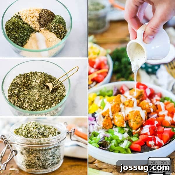 Big batch of homemade ranch seasoning in a large bowl, with a serving spoon.