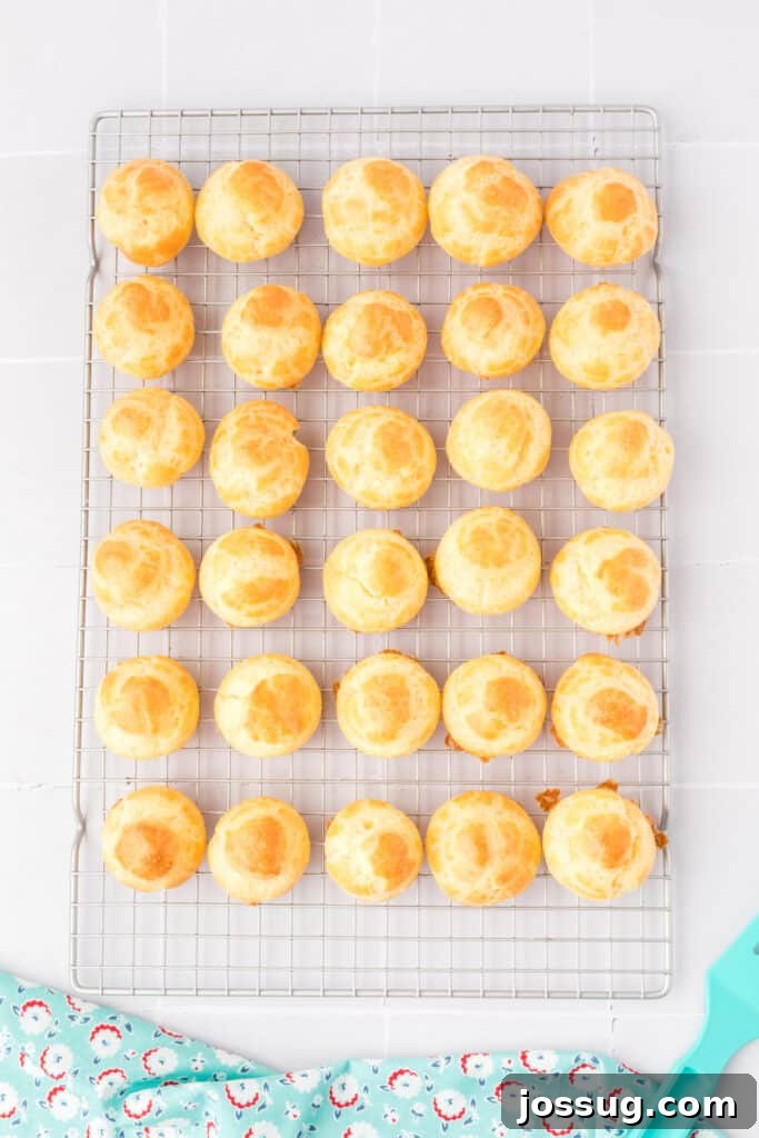 Pillowy Cream Dreams 15 Allow the baked cream puffs to cool completely on wire racks, ensuring they maintain their crisp texture before filling.