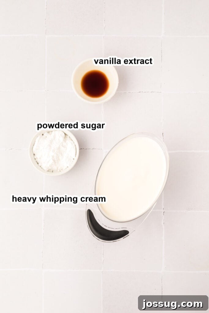 Pillowy Cream Dreams 5 Ingredients for the pastry cream filling, including heavy cream, powdered sugar, and vanilla extract.