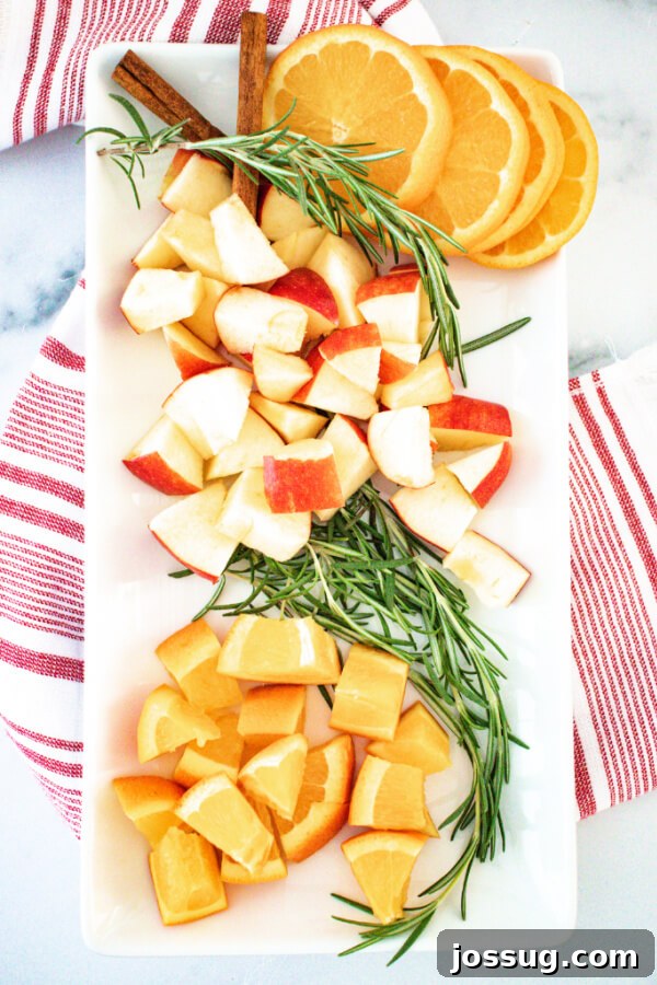 fruit, rosemary, and cinnamon sticks on plate