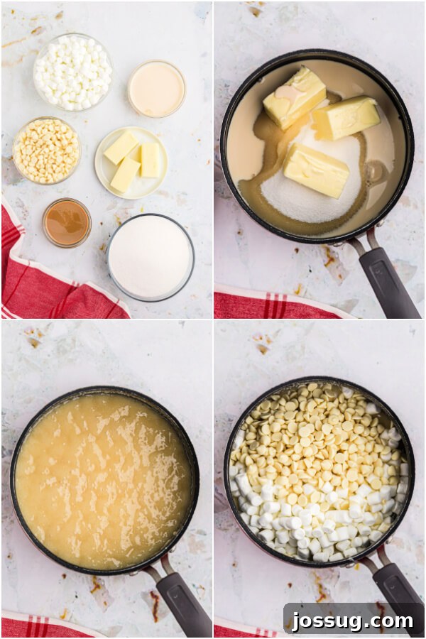 Decadent Baileys Irish Cream Fudge 3 Step-by-step image showing how to make fudge, with ingredients like sugar, butter, and milk combining in a saucepan on the stovetop.