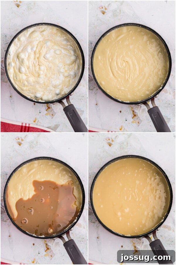 Decadent Baileys Irish Cream Fudge 4 Another step in the fudge-making process, showing melted chocolate and marshmallows being stirred into the hot sugar mixture.