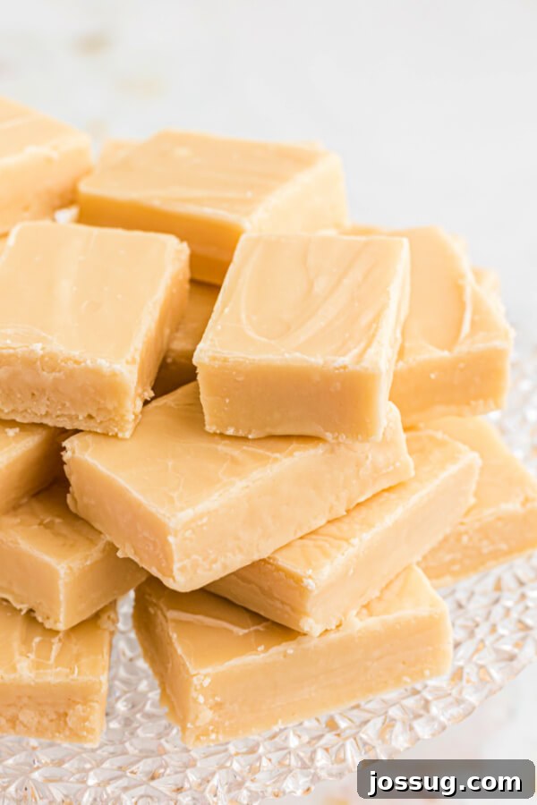 Decadent Baileys Irish Cream Fudge 6 Stack of Bailey's Irish Cream Fudge squares on a rustic cake stand, decorated with festive greenery, ideal for a holiday setting.