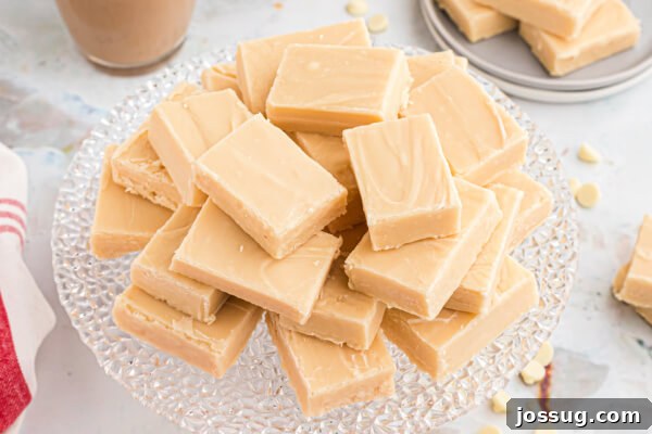 Decadent Baileys Irish Cream Fudge 9 Overhead view of several pieces of creamy Bailey's Irish Cream Fudge stacked neatly on a white plate, ready to be served.