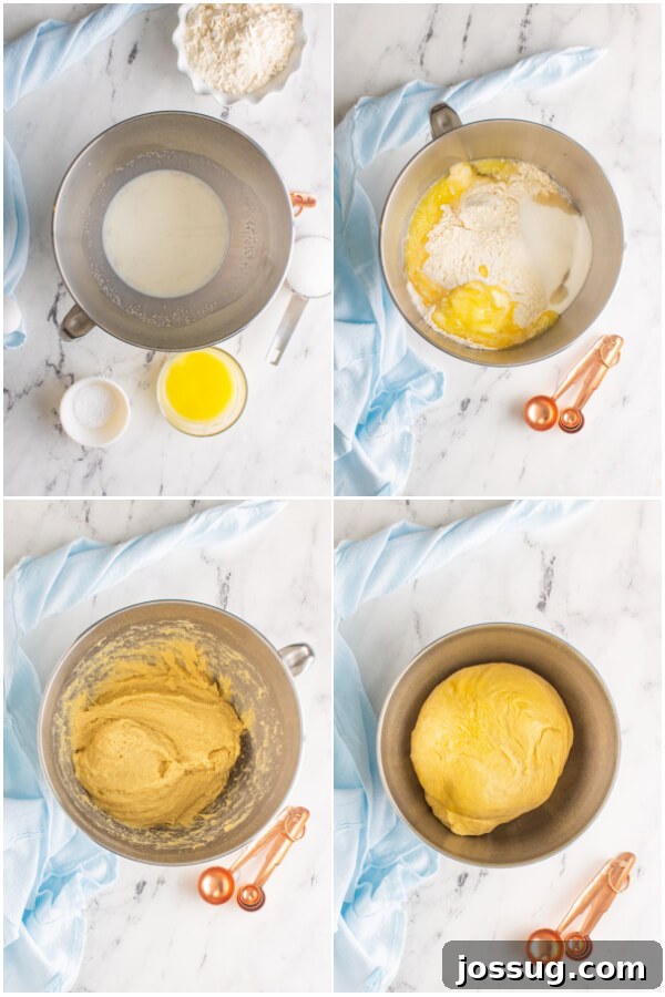 Dough being kneaded in a stand mixer, a key step in preparing homemade cinnamon rolls.
