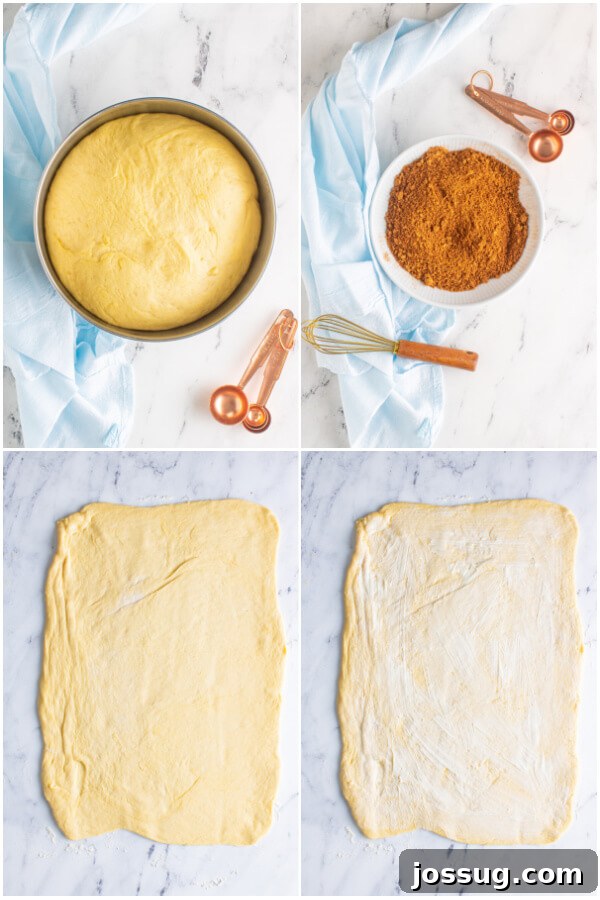 Preparing the cinnamon filling mixture and spreading it onto rolled-out dough.