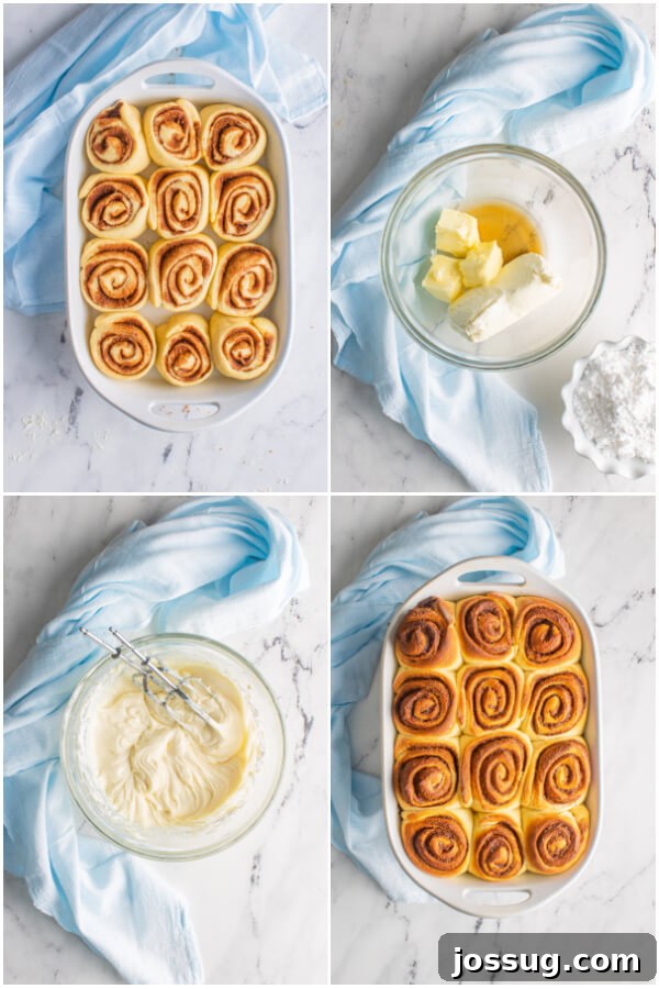 Cinnamon rolls before and after baking, with ingredients for frosting on the side.