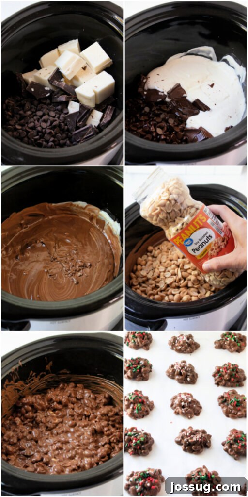 Crockpot Chocolate Treats 5 Ingredients for slow cooker chocolate candy laid out on a white surface, including different types of chocolate and peanuts.