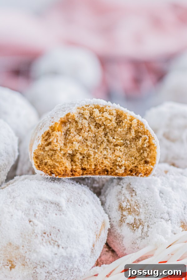 Stacked Gingerbread Pecan Snowballs in a festive holiday basket, generously dusted with powdered sugar, creating a winter wonderland aesthetic.