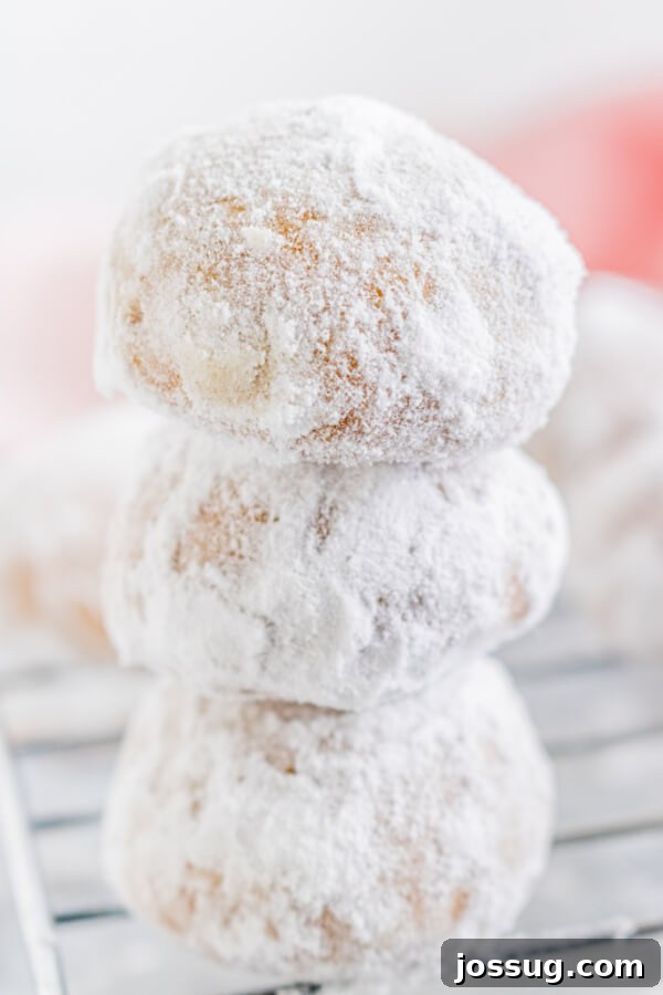 Close-up of three perfectly stacked Gingerbread Pecan Snowball cookies, generously coated in powdered sugar, showcasing their inviting texture.