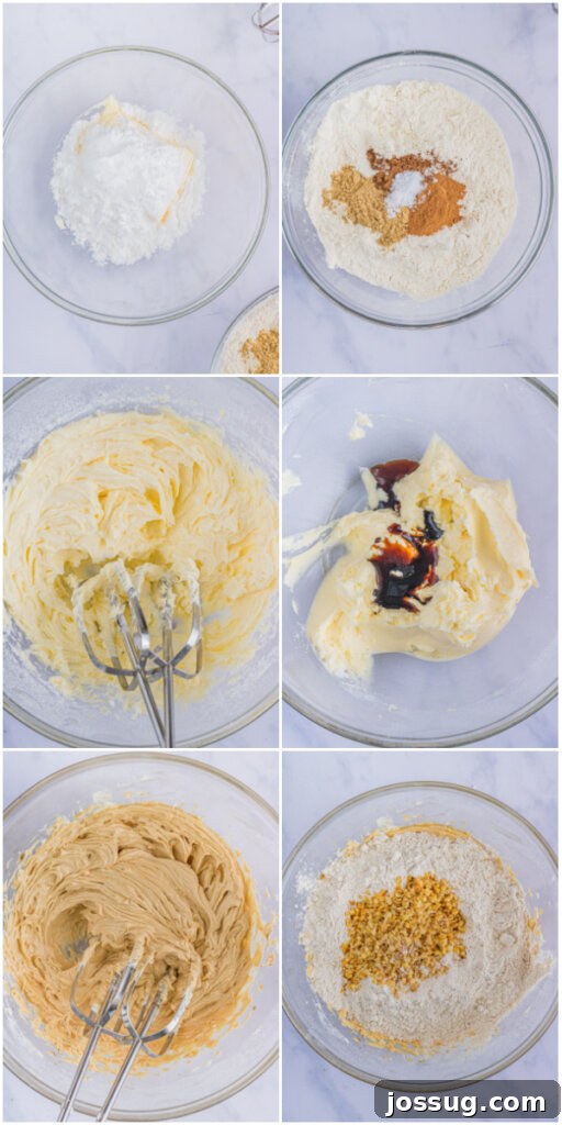 Hands mixing ingredients in a bowl, showing the preparation of the Gingerbread Pecan Snowball cookie dough to achieve the right consistency.