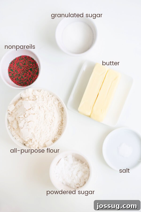 Ingredients laid out for making shortbread cookies: butter, sugars, flour, vanilla, salt, and festive nonpareils.