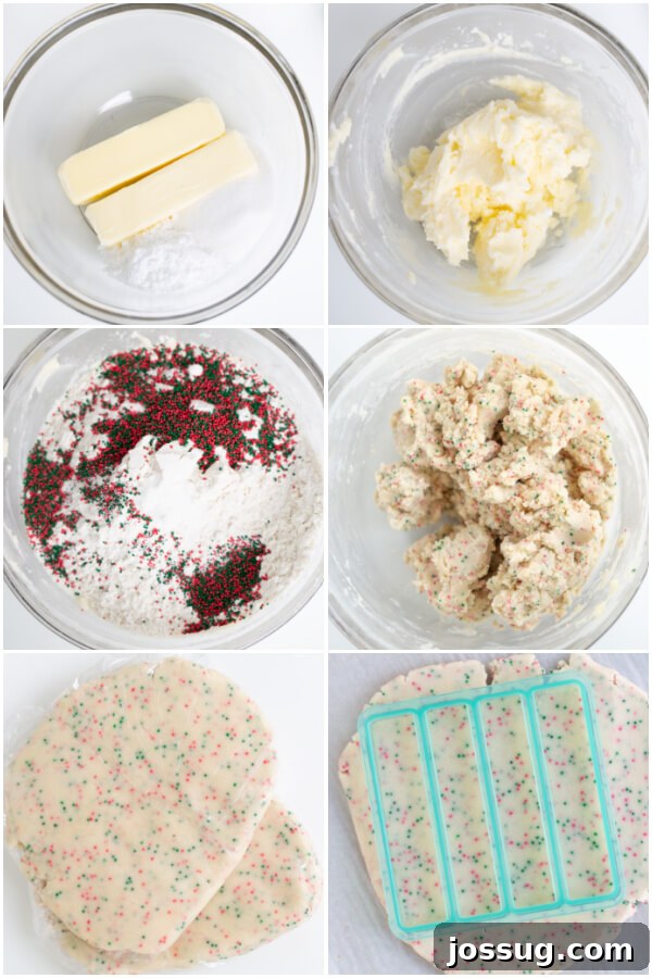 A person's hands rolling out shortbread cookie dough on a lightly floured surface.
