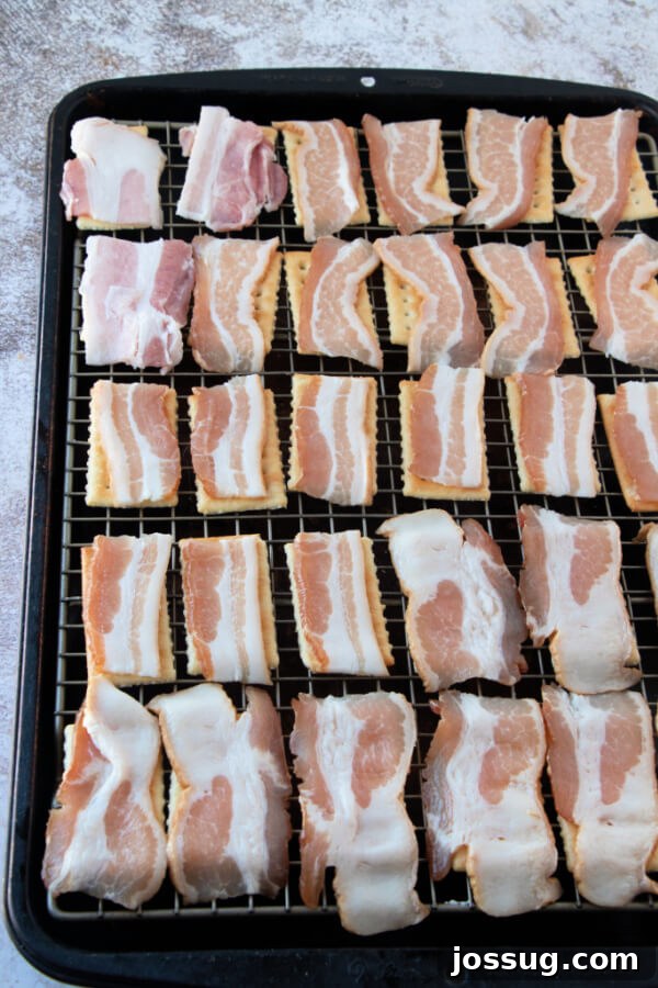Candied Bacon Crackers 4 Small, precisely cut pieces of savory bacon perfectly placed on top of individual buttery crackers, demonstrating the meticulous preparation before the brown sugar is added.