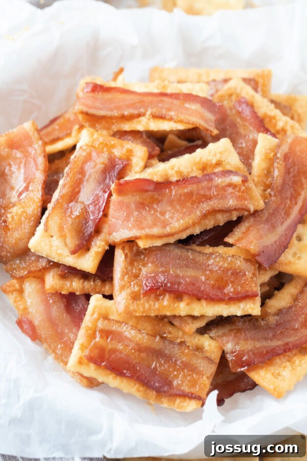 Candied Bacon Crackers 6 A bowl filled with finished Bacon Crackers, glistening with caramelized brown sugar and perfectly crispy bacon, ready to be enjoyed as a gourmet yet easy appetizer.