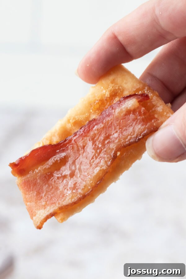 Candied Bacon Crackers 7 A hand gracefully holding a single, perfectly crafted Bacon Cracker, highlighting its ideal bite-sized portion and crispy texture, ready for enjoyment.