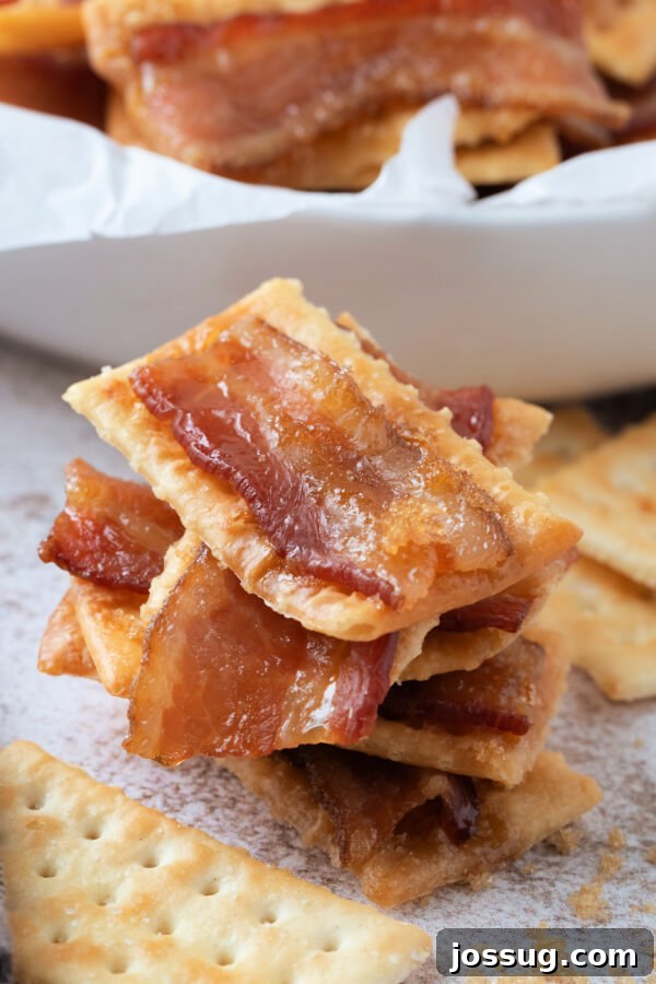 Candied Bacon Crackers 8 A close-up view of a perfectly stacked pile of Bacon Crackers, prominently displaying their inviting caramelized glaze and crispy bacon texture, making them irresistibly appealing.