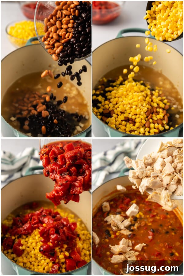 Hands adding fresh ingredients like corn and beans to a large soup pot, illustrating the cooking process and the rich colors of the components.