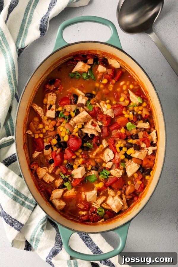 An overhead view looking down into a large pot filled with richly colored, simmering chipotle chicken soup, indicating it's nearly ready to be served.