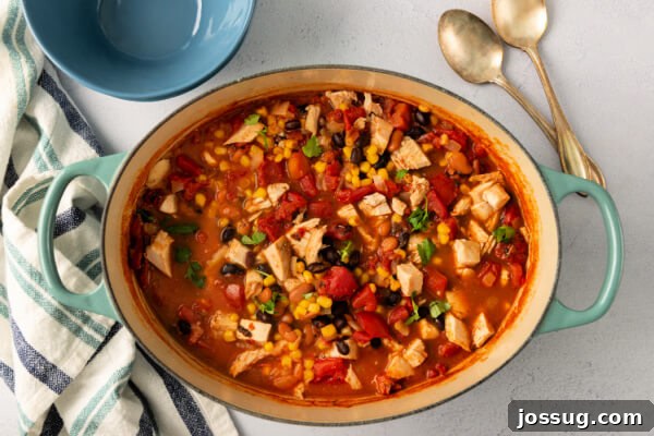A large pot filled with steaming chipotle chicken soup, showcasing its rich texture, vibrant colors, and the abundance of hearty ingredients.