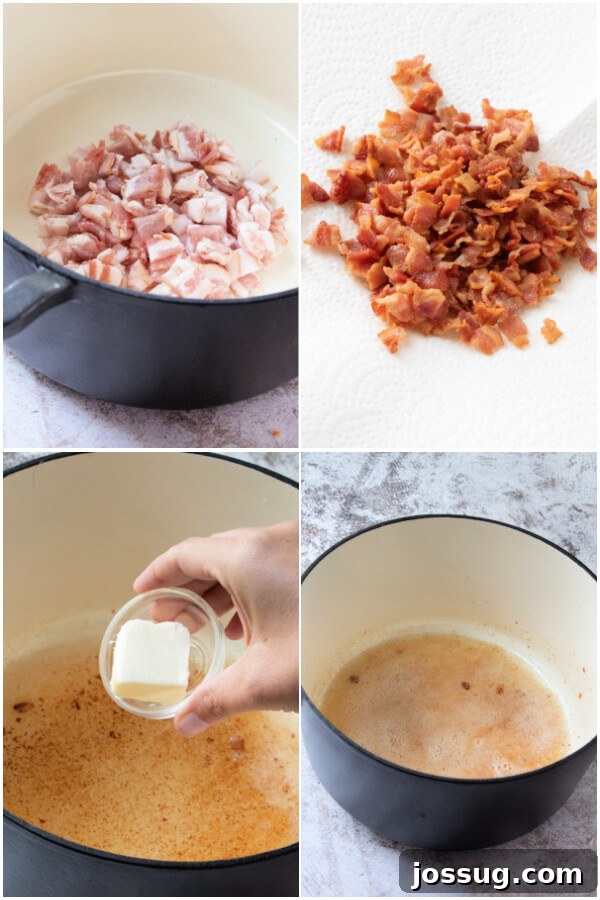 Creamy Chicken Bacon Ranch Delight 4 Cooking bacon in a pan, with butter being added, as the first step in preparing the soup.