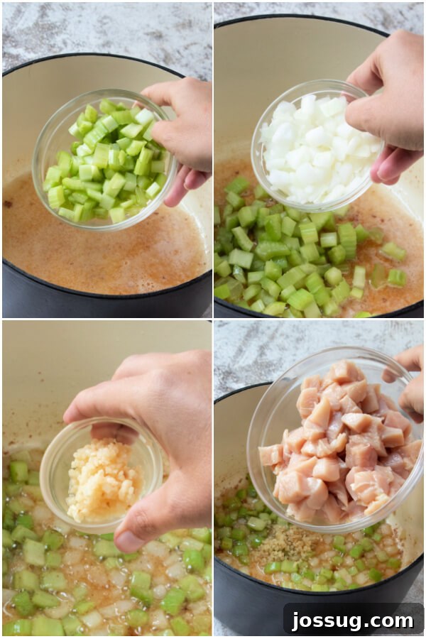 Creamy Chicken Bacon Ranch Delight 5 Adding chopped celery, onions, garlic, and chicken breast pieces to a soup pot for the next stage of cooking.